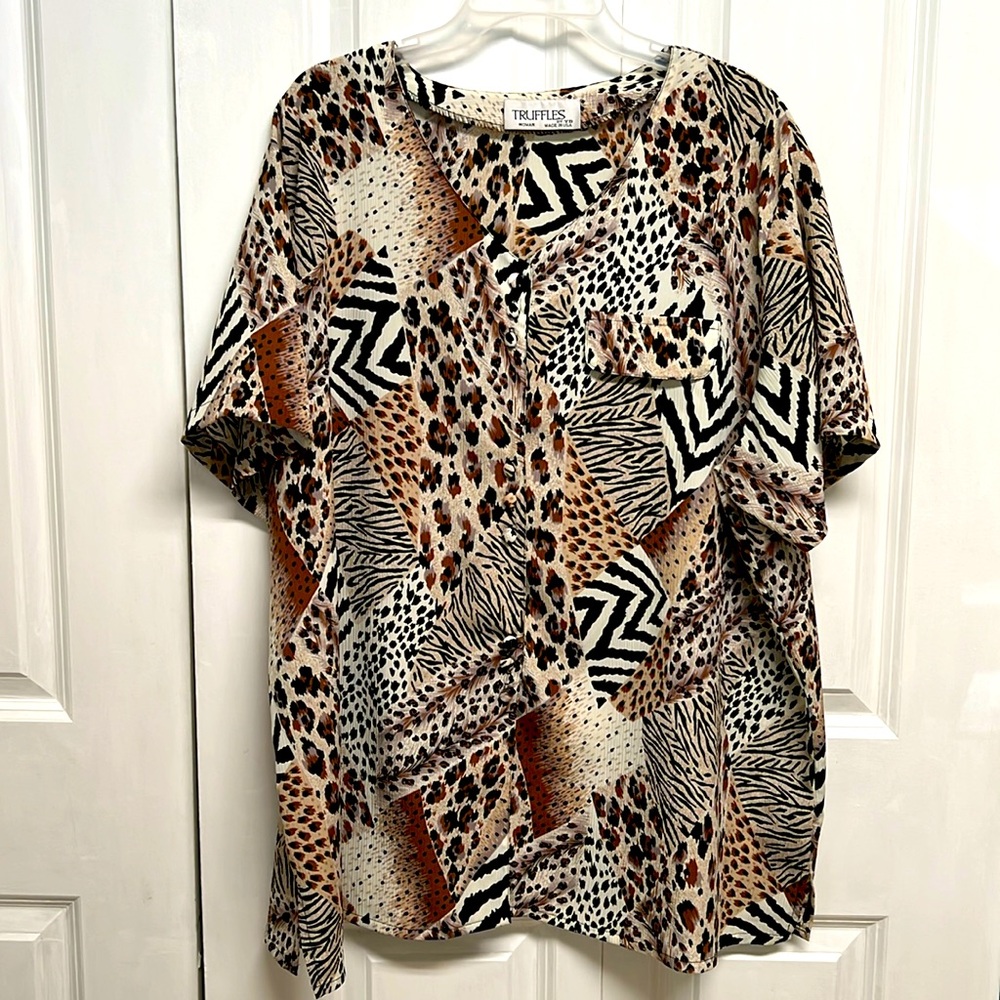 Vintage YB Truffles Mixed Animal Print Short Sleeve Tunic Top Size 2X